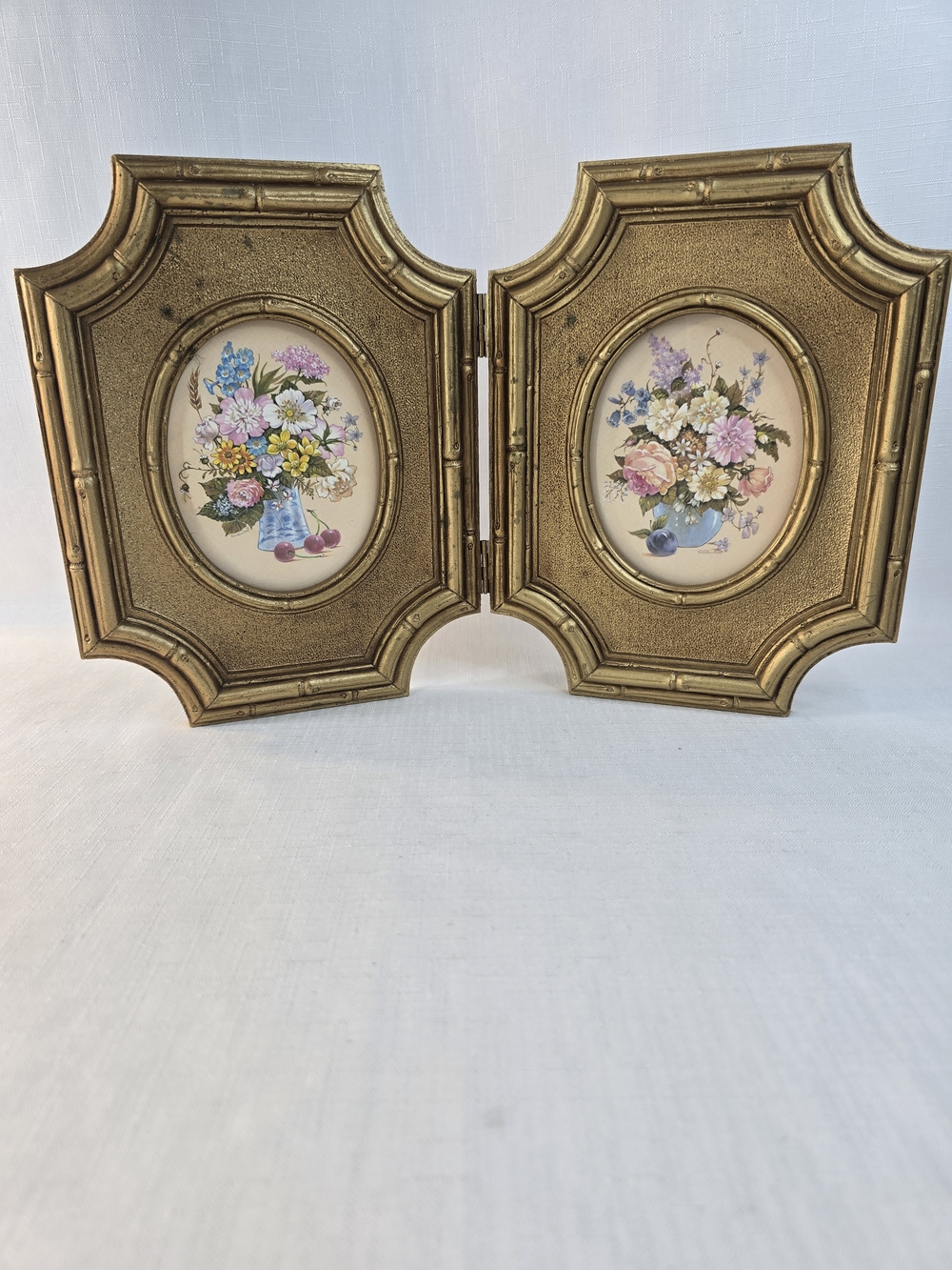 Ornate Gold Hinged Double Picture Frame with Floral Art